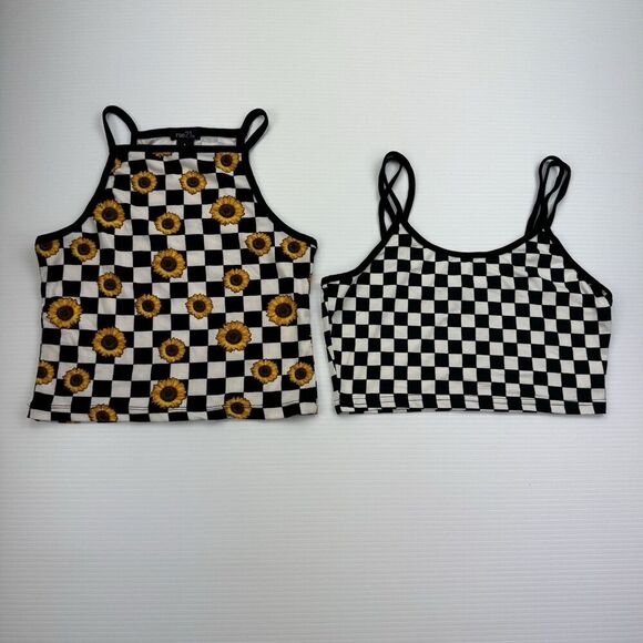 Black White Checkered Crop Tank Tops Set Size Small Y2K Rock Boho - Picture 15 of 15